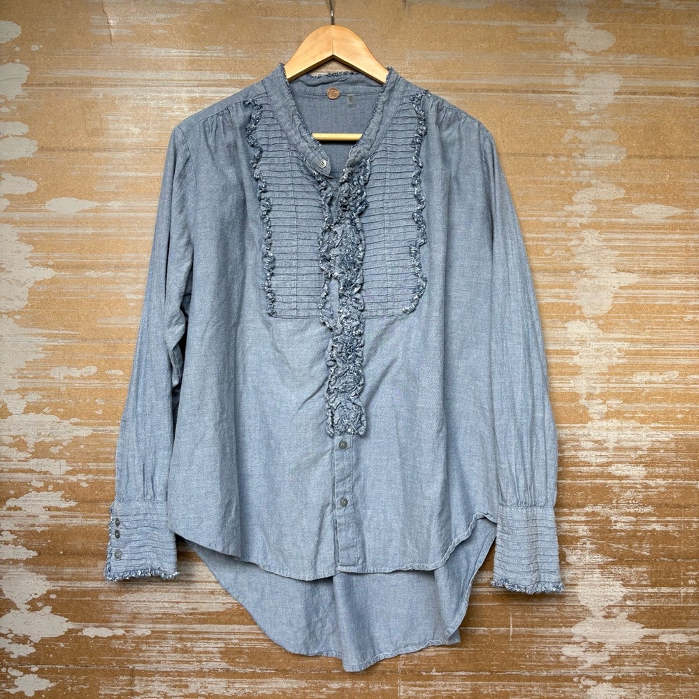 Free People One Miles Denim Tuxedo Shirt Western Boho Chambray Womens S